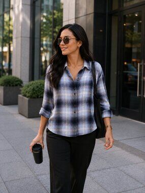 Madewell Blue Plaid Cotton Modal Blend Button Front Shirt Size Medium